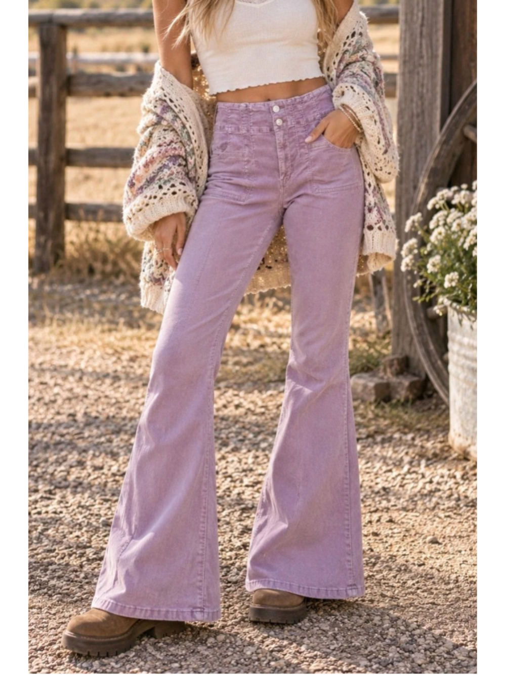 Free People We The Free Jayde Corduroy Flare Pants Sz 27 Lavender High Rise Boho